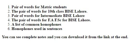 Pair of Words and Homophones with use in sentences (For 10th class and First year)