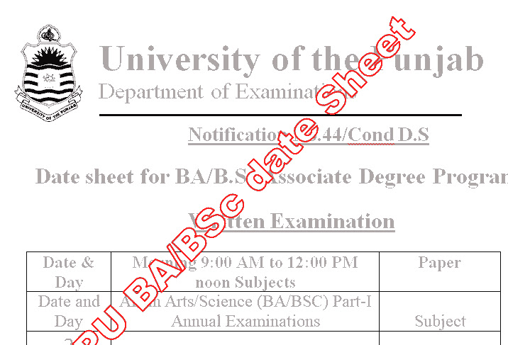 BA part 1 date sheet 2025 Punjab University pdf download