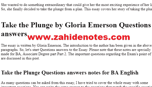 Take the Plung Questions answers notes for BA by Gloria Emerson